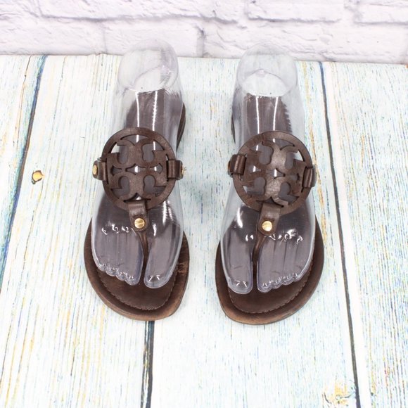 *Tory Burch Miller Brown Leather Logo Medallion Flip Flop Thong Sandals 8.5 Inch - Picture 5 of 9